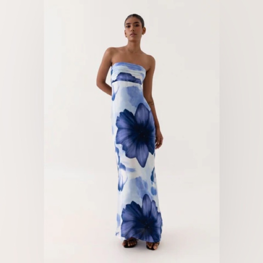 NWT women’s SUMMER AWAY blue floral bloom Como strapless maxi dress size X large